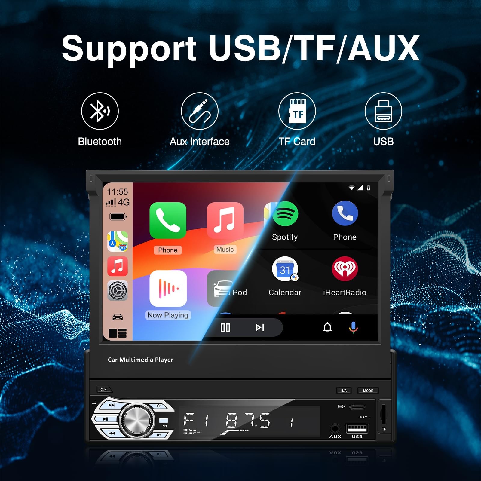 Retractable Car Radio, 1 Din Stereo Hidden Screen