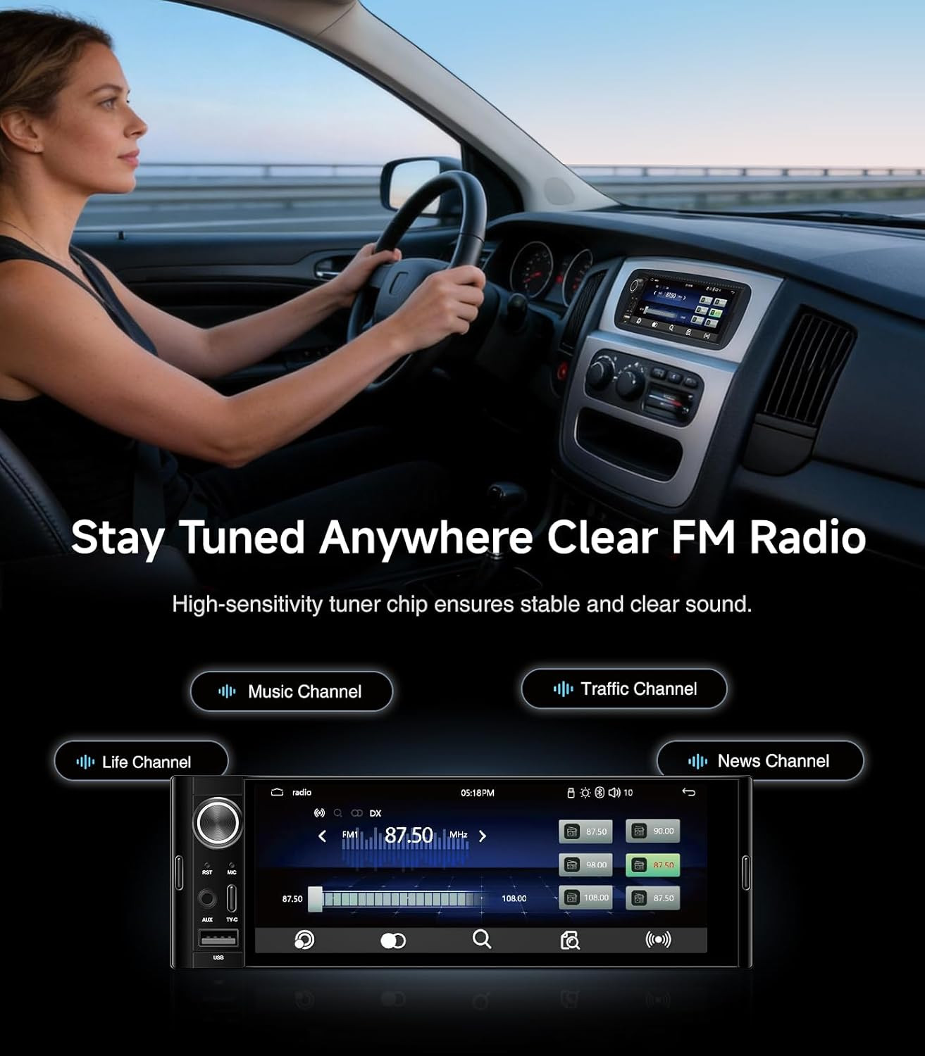 6.36″ Single DIN Car Radio Stereo, Linux System HD IPS Touchscreen with Wireless