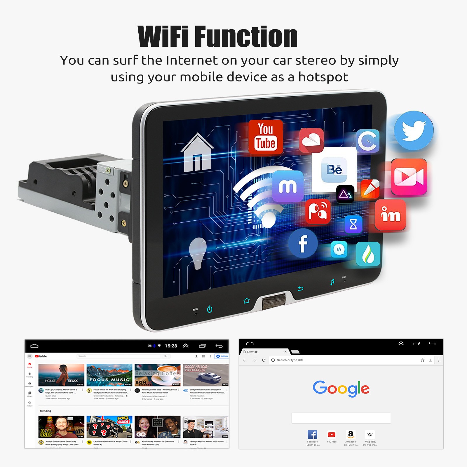 10″ 1 Din Car Stereo with CarPlay and Android Auto, Rotatable Touch Screen Radio