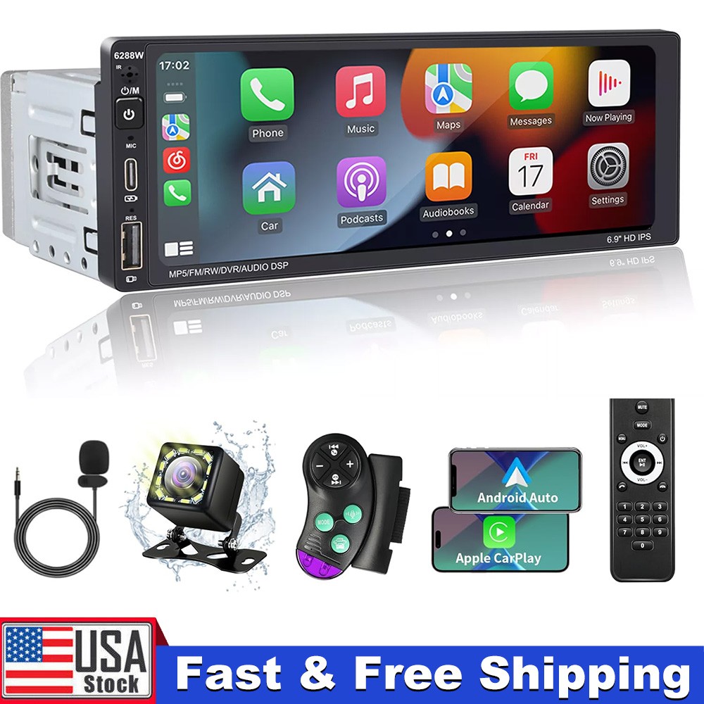 Single Din Car Stereo Wireless Apple CarPlay 6.9 touchscreen Bluetooth Radio USB