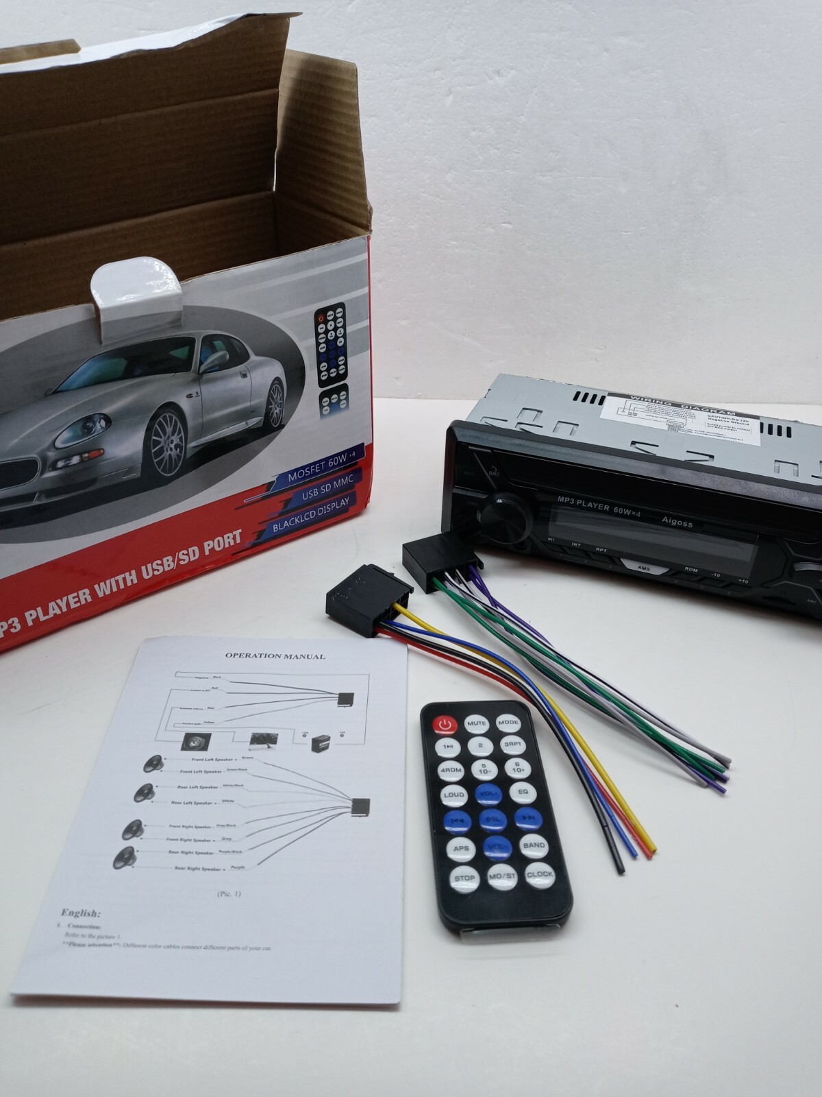 Car MP3 Player with USB/SD Port 60Wx4, LED display, Remote control,AUX input NEW
