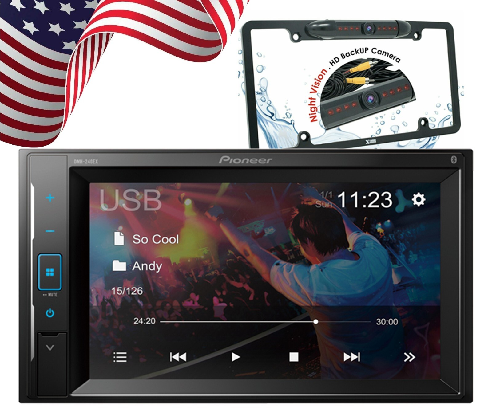 Pioneer DMH-240EX 6.2″ Touchscreen Car Receiver+ License Plate Back Cam XV-30LCC