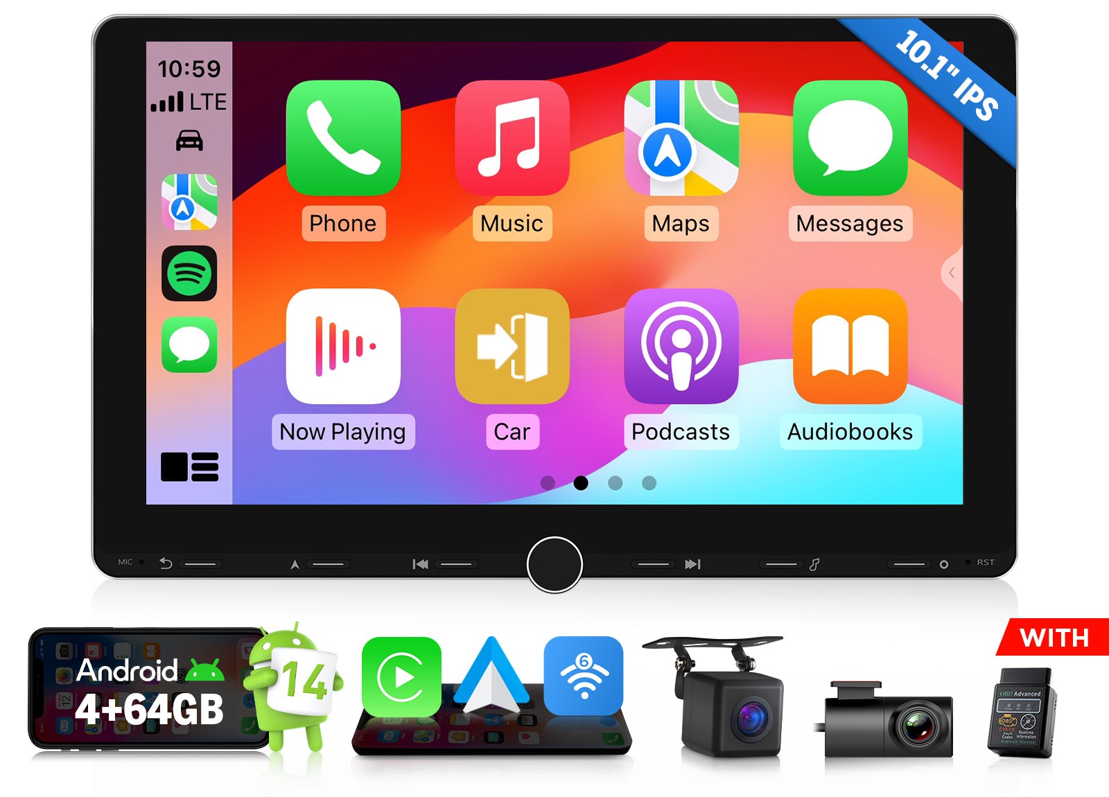 Touch Screen Android 14 10.1″ IPS Double DIN Car Stereo Wireless CarPlay GPS DSP