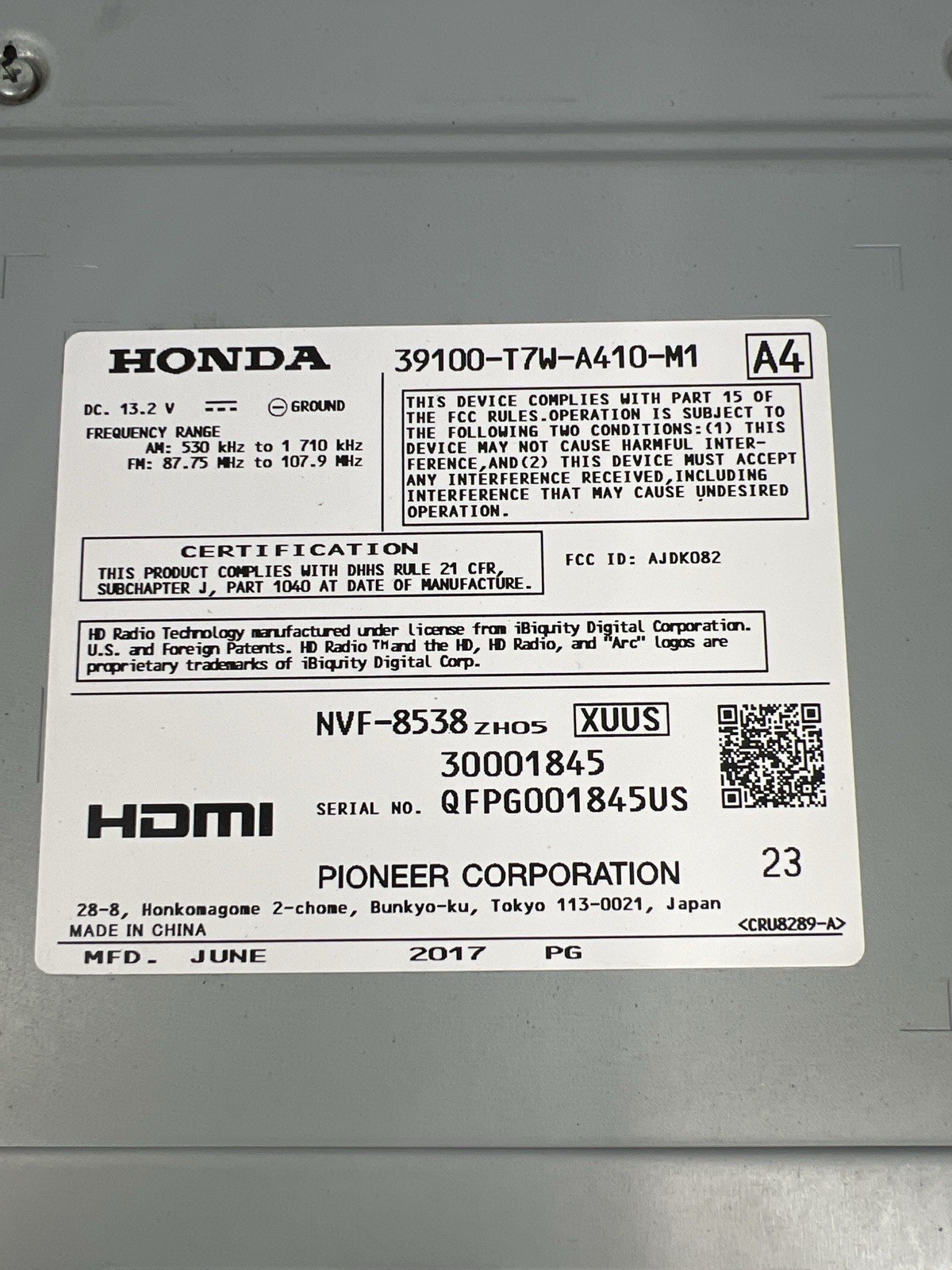 2016-2018 Honda HR-V OEM Touchscreen Radio HDMI Pioneer 39100-T7W-A410