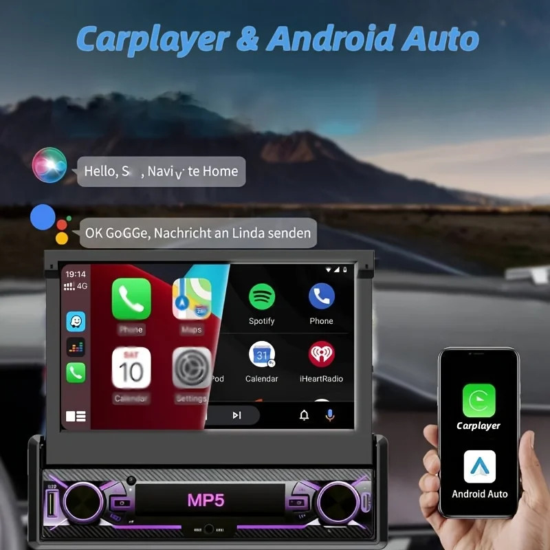 7in 1Din Car Stereo Motorized Flip Out Touchscreen MP5 Player Wired Carplayer