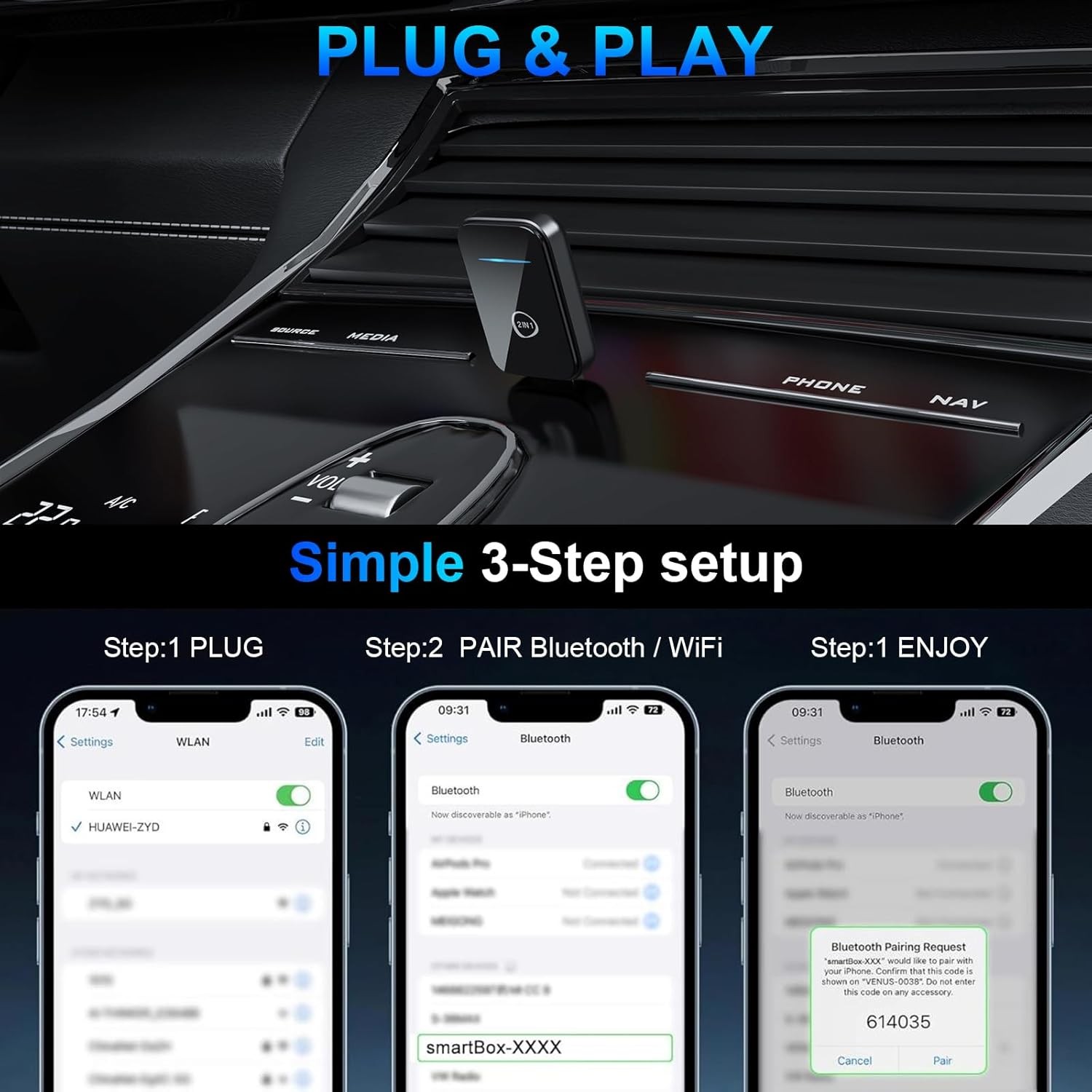 2025 Mini Carplay Wireless Adapter & Android Auto Dongle for iPhone Black