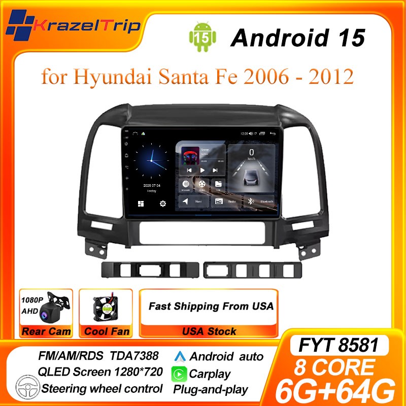 Car Radio 8 Core 64GB for Hyundai Santa Fe 2006-2012 Carplay Audio In-Dash Units
