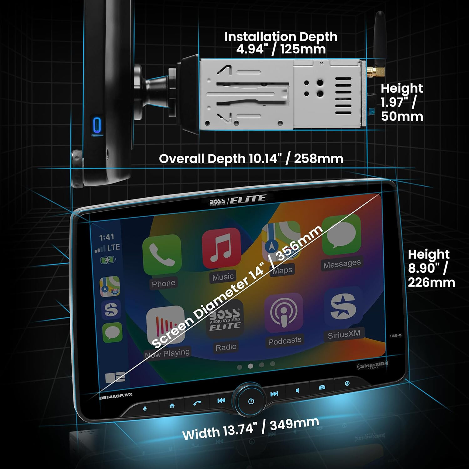 BOSS BE14ACP.WX 1-DIN 14″ Receiver Wireless Apple Carplay/Android Auto SiriusXM