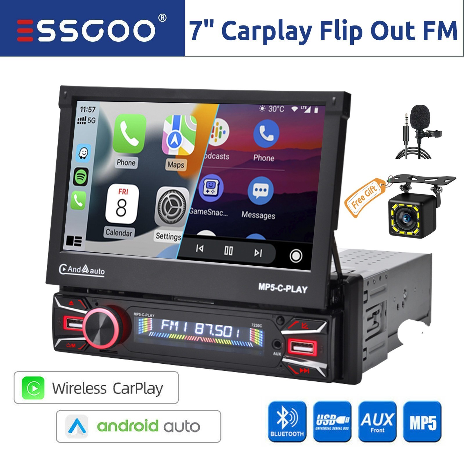 7″ Single 1 DIN CarPlay Flip Out Car Stereo Touch Screen USB Radio +CAM