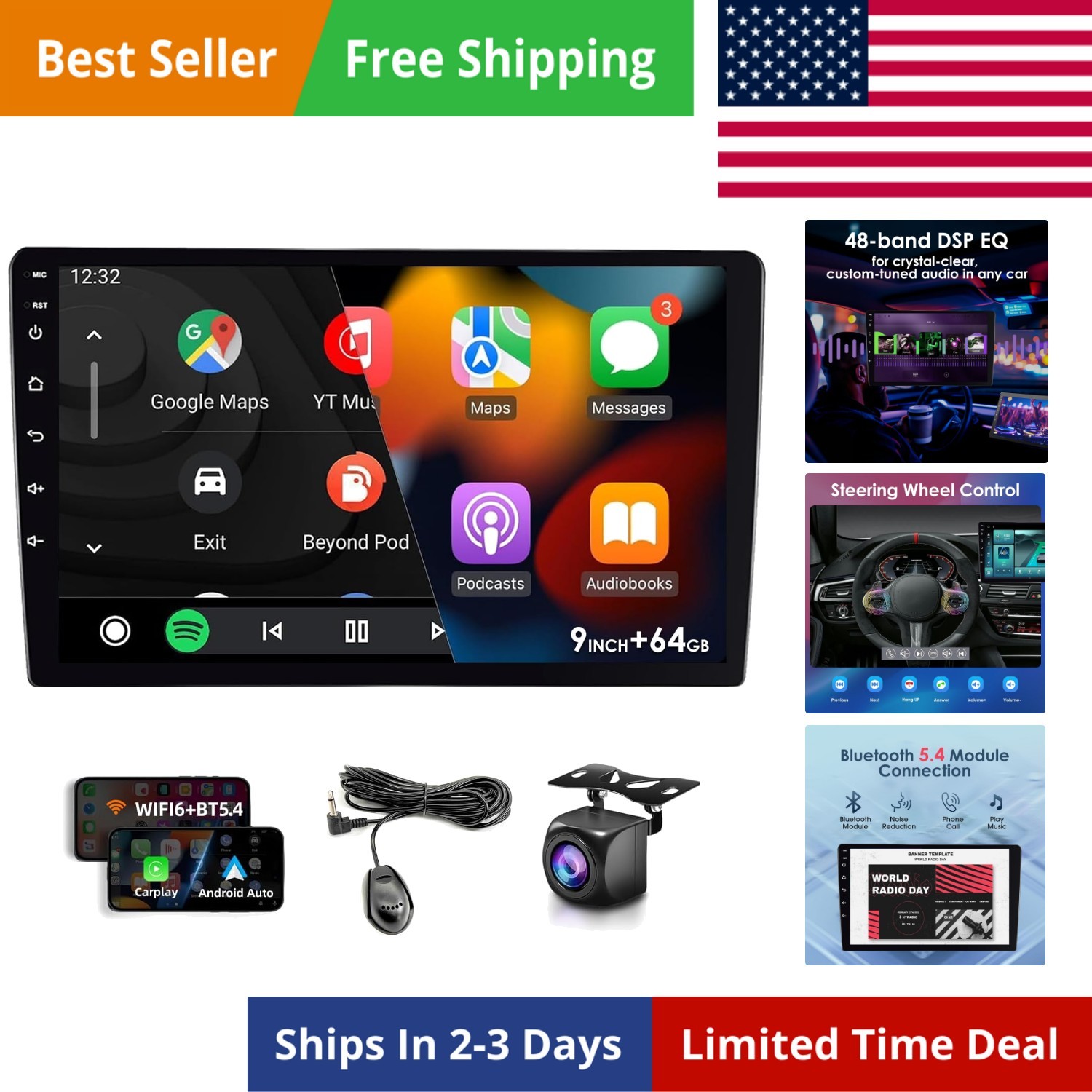 9″ 64GB Wireless CarPlay Android Auto Car Stereo, Double Din HD Touch Screen …