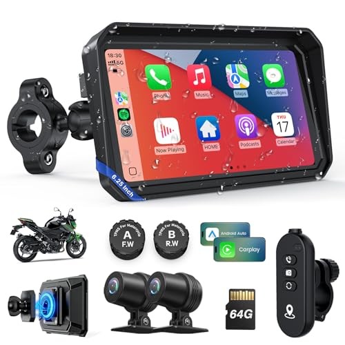 Motorcycle CarPlay Screen with 6.25”+Dual 2K Cam+TPMS+Magnetic Mount+64GB
