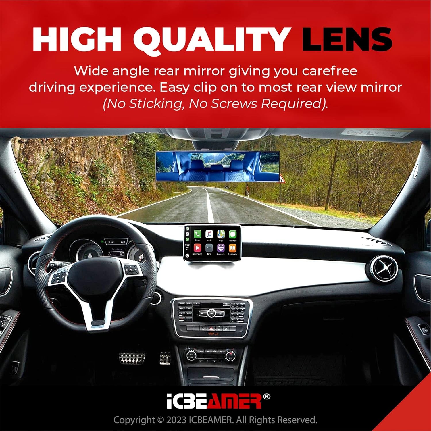 Universal 14.2″ Clip On Rear View Mirror, Flat Blue Tint Panoramic Wide Angle HD