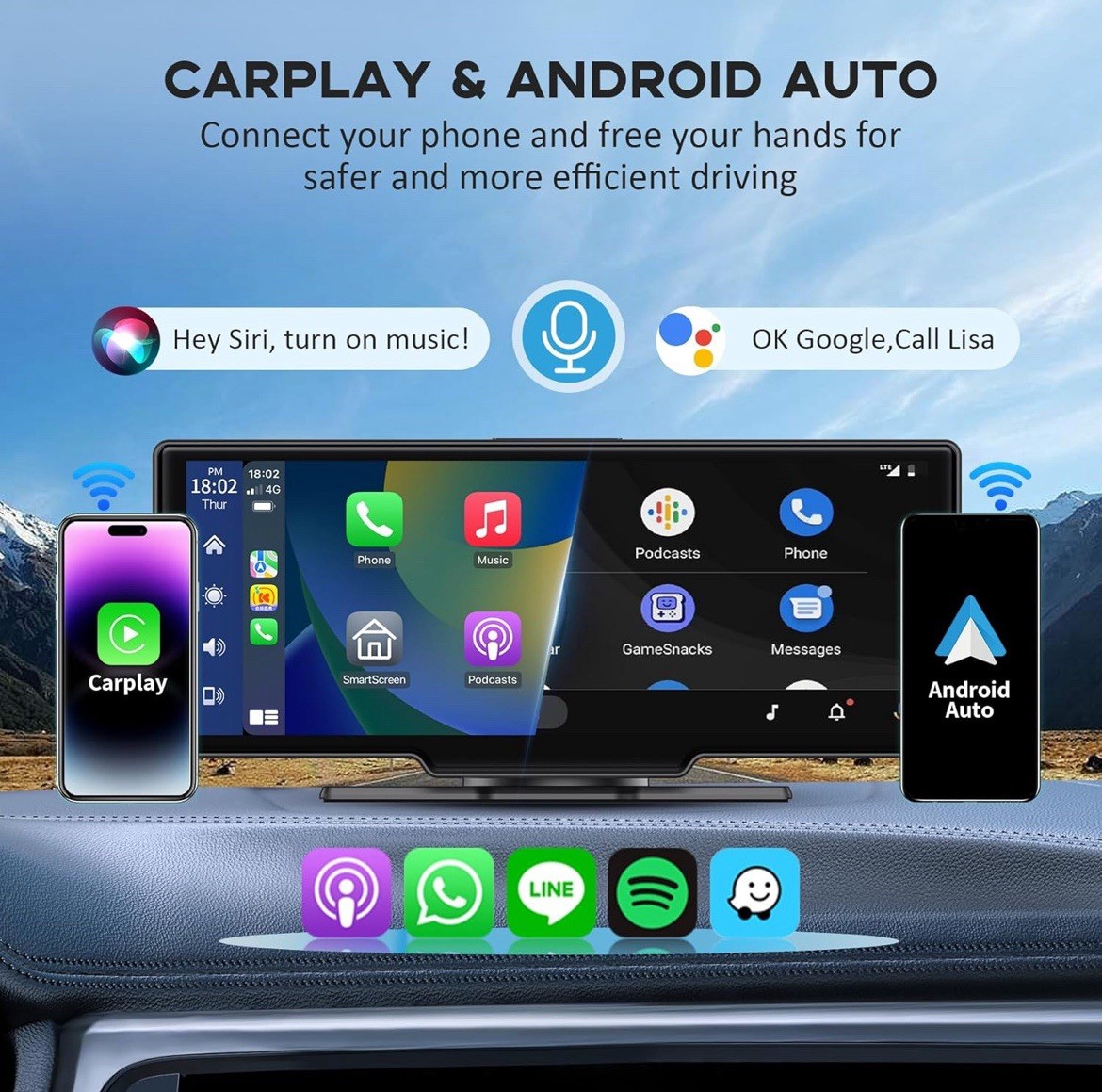 Wireless Portable Carplay TouchScreen Tablet for Car 10.26″ HD 4K Dash cam