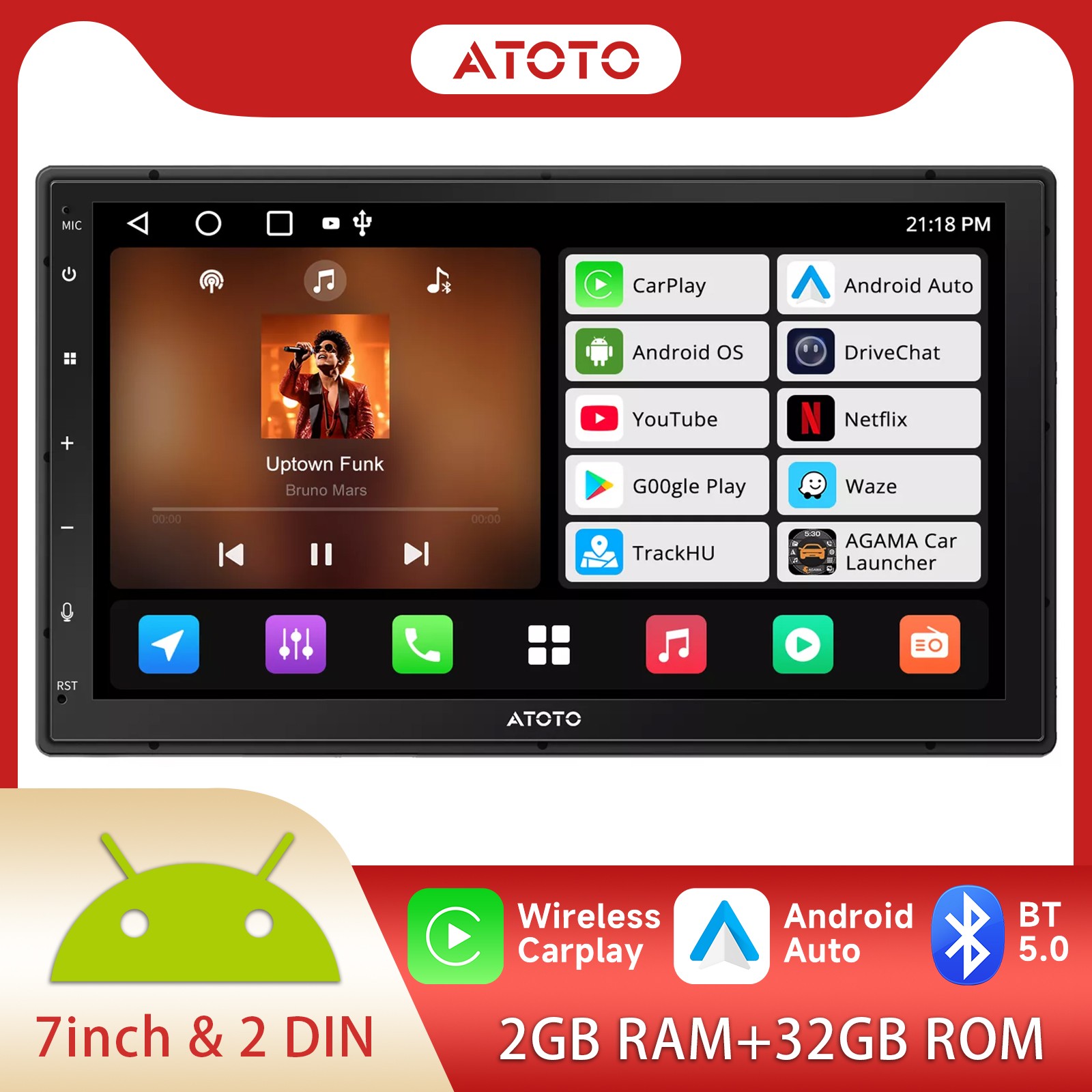 ATOTO A5L Double Din 7″ Car Stereo TouchScreen Wireless Carplay Android Auto