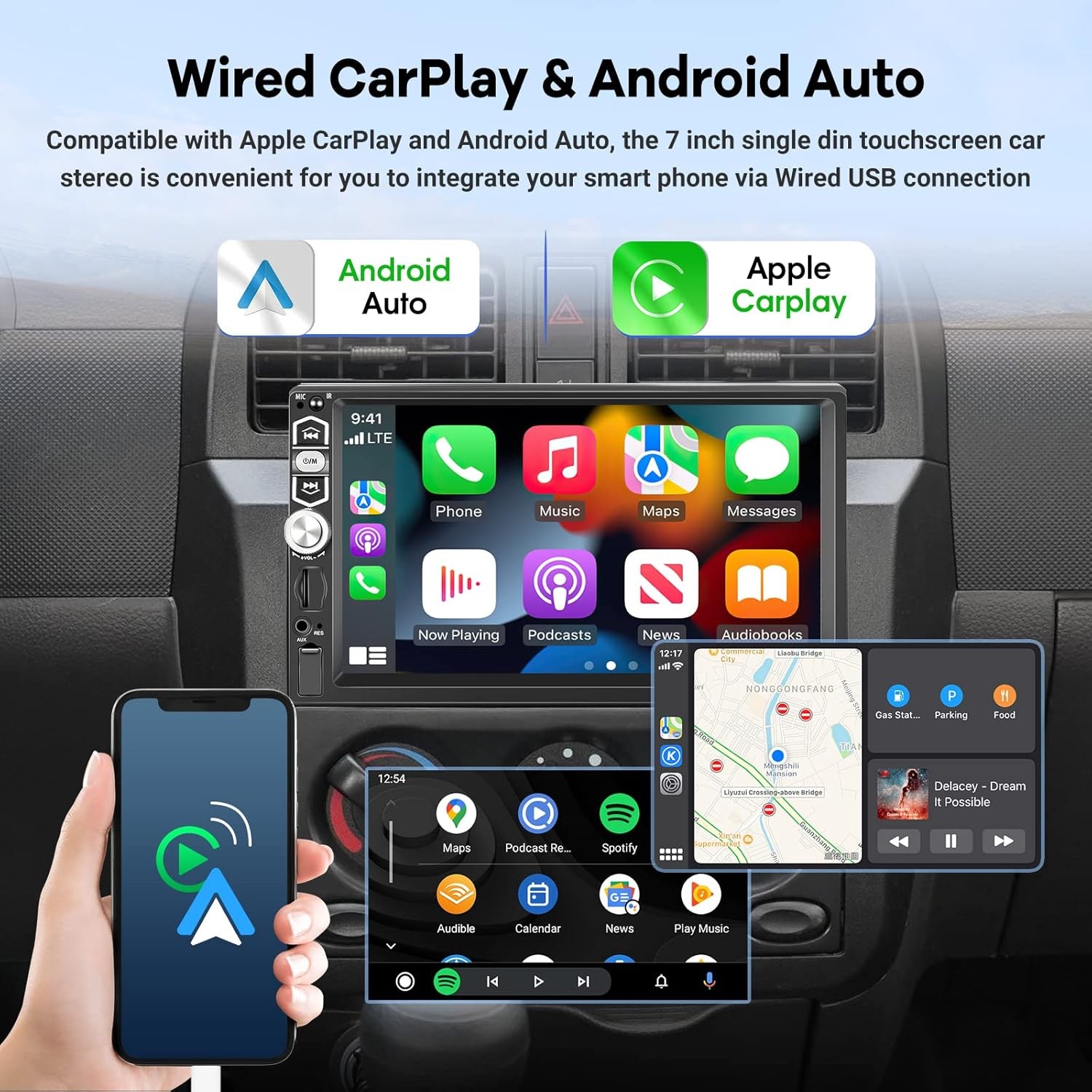 1 Din Radio Estereo De Pantalla Para Coche Carro Tactil Carplay Android IOS +Cam