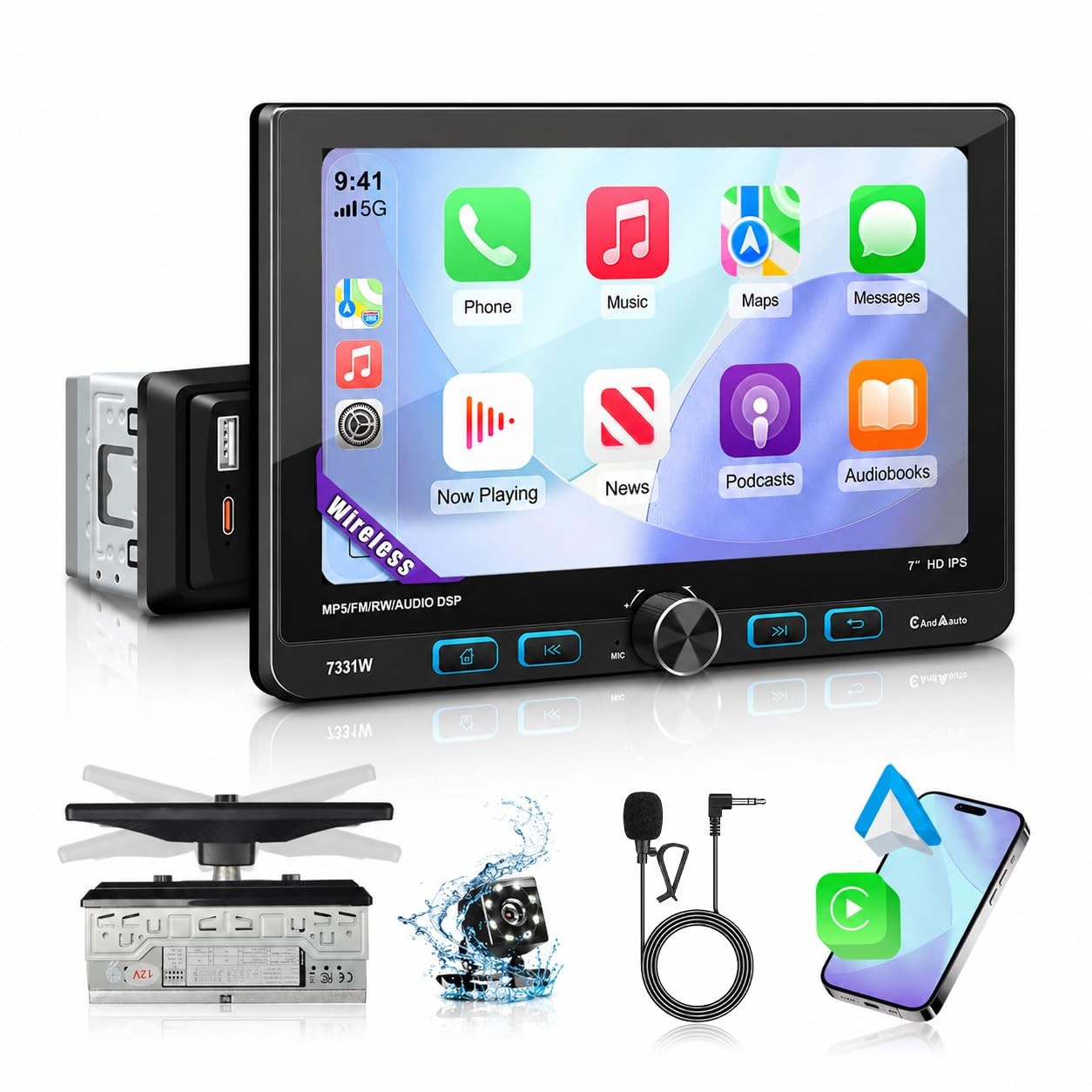 7″ Single Din Touchscreen Radio, Floating Car Stereo with Wireless Apple CarP…