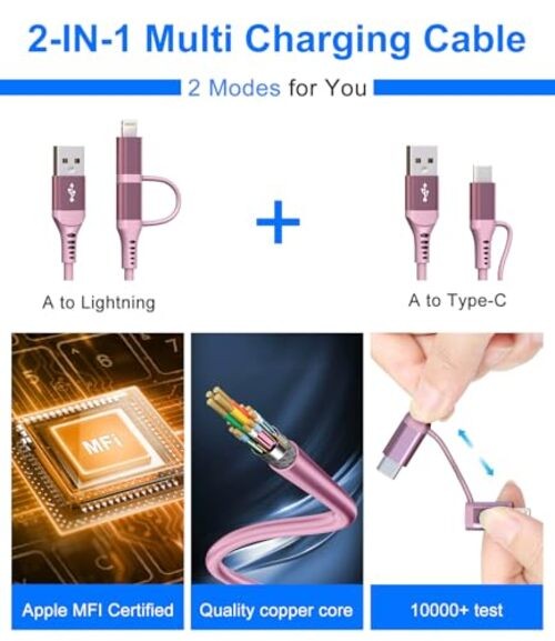 USB to USB C and Lightning Car Charger Cable – iPhone Charger Coiled Pink