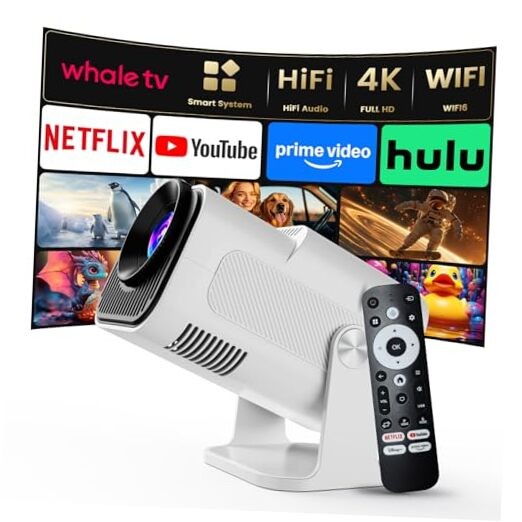 4K Smart Projector [Auto Screen Correction & 3D Audio WhaleTV (Black-and-white)