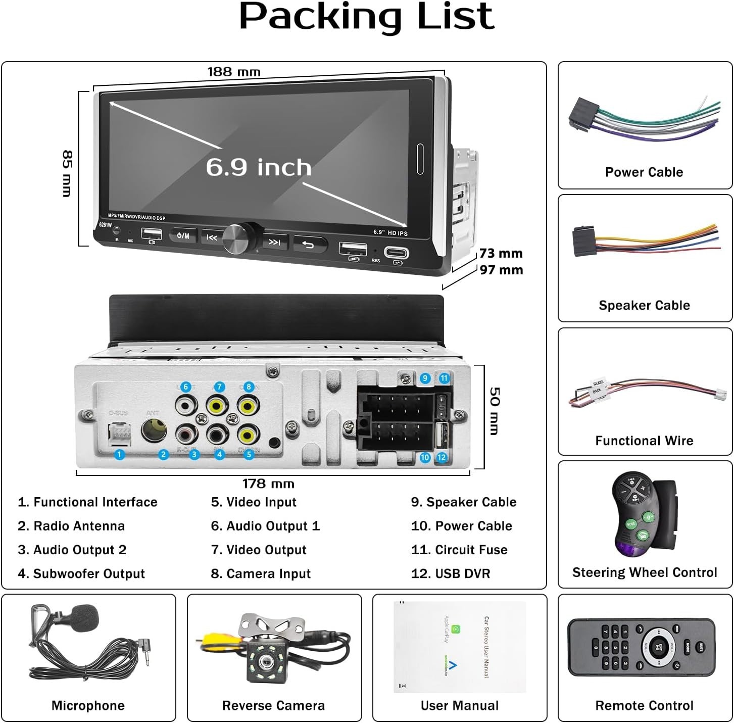 Wireless CarPlay and Android Auto Car Stereo with Night Vision Backup Camera
