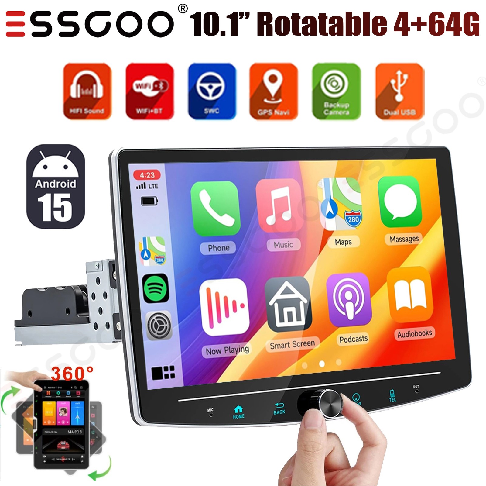 10.1″ Rotatable Android 15 Car Stereo Radio 4+64GB GPS Single 1Din CarPlay BT FM