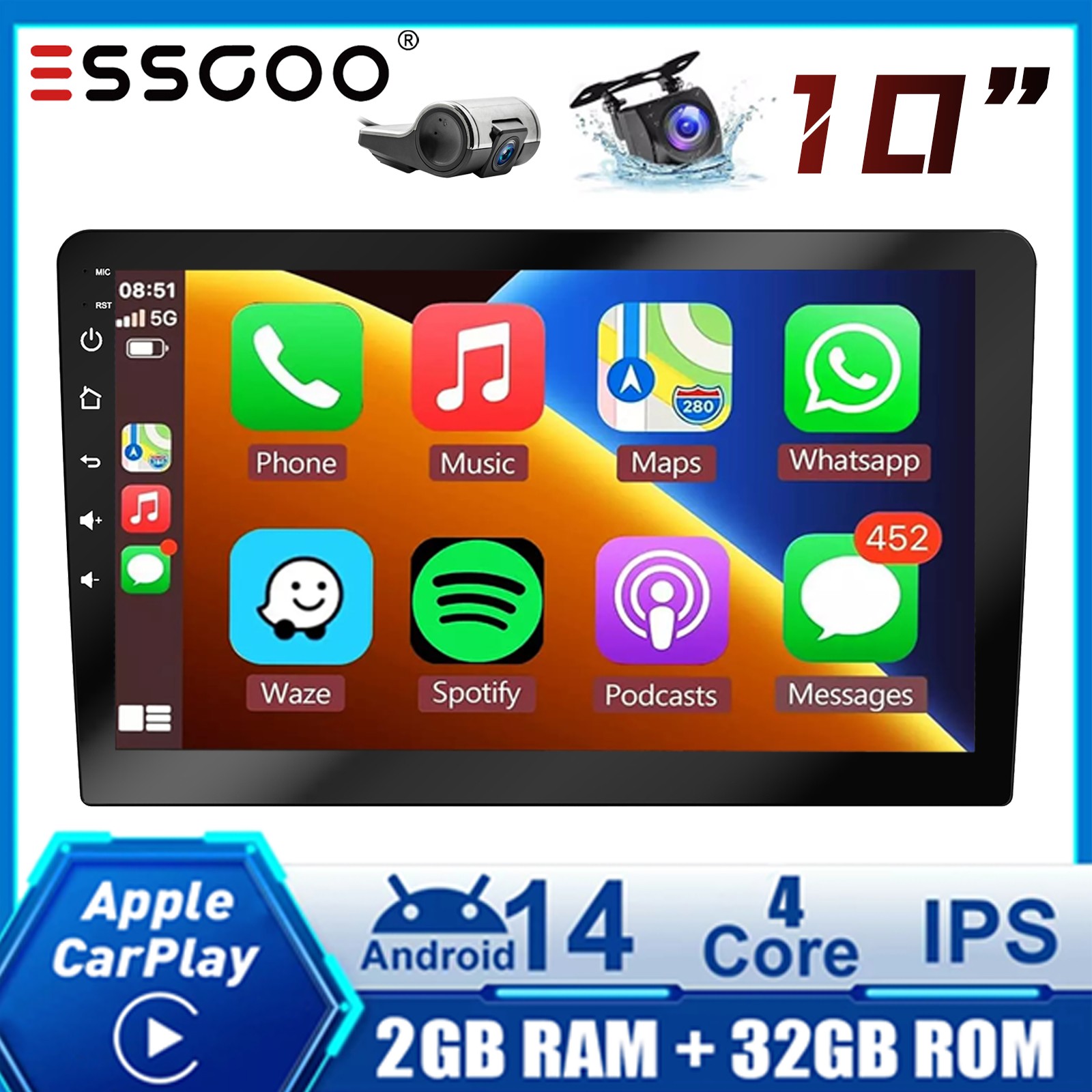 10.1″ 2Din DVR&AHD+ Car Stereo Radio IPS Touch Screen WiFi GPS Navi ASP CarPlay