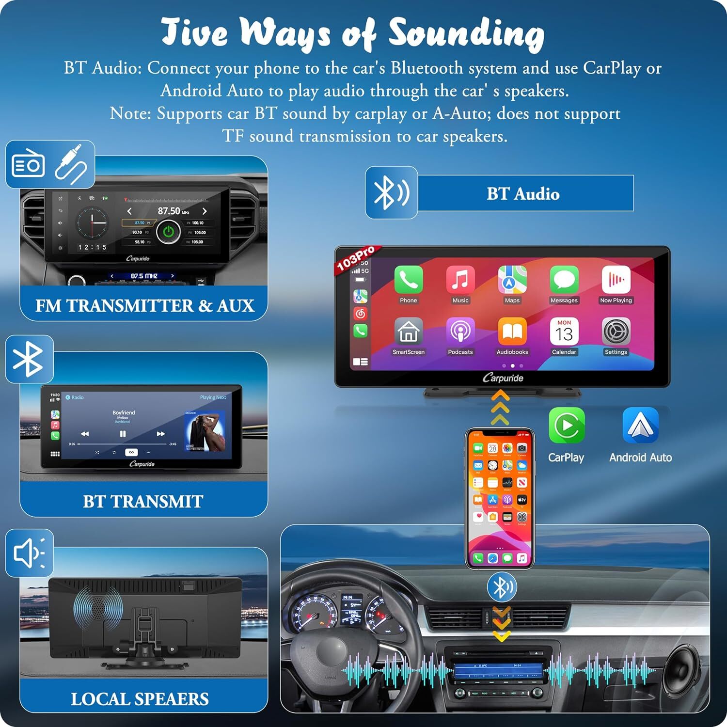 CARPURIDE W103Pro Dual Bluetooth Multimedia Portable Apple Carplay Android Auto