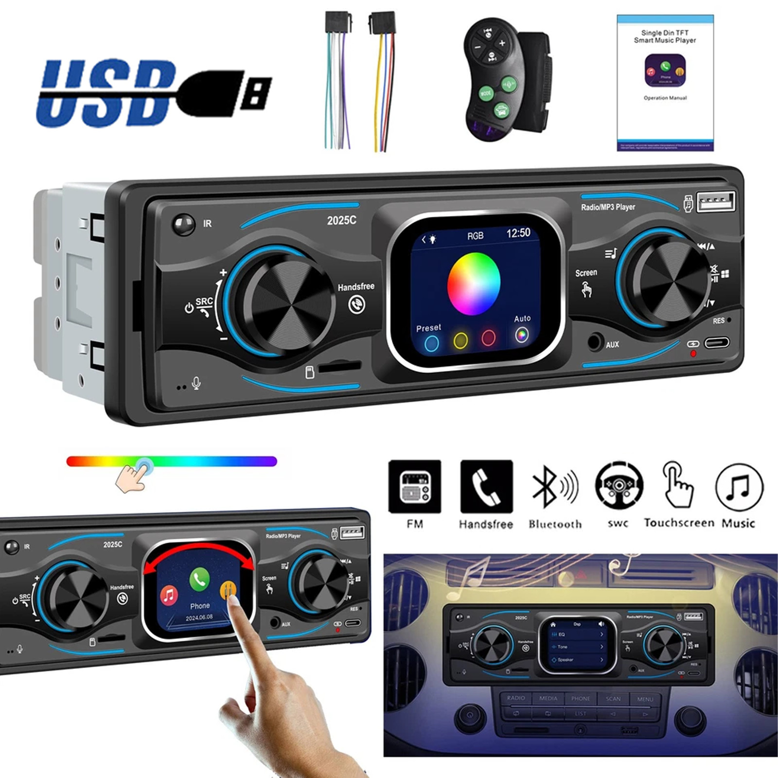 Single 1DIN Car Stereo Radio Bluetooth Touch Screen MP3 Player FM/USB/SD/AUX-IN