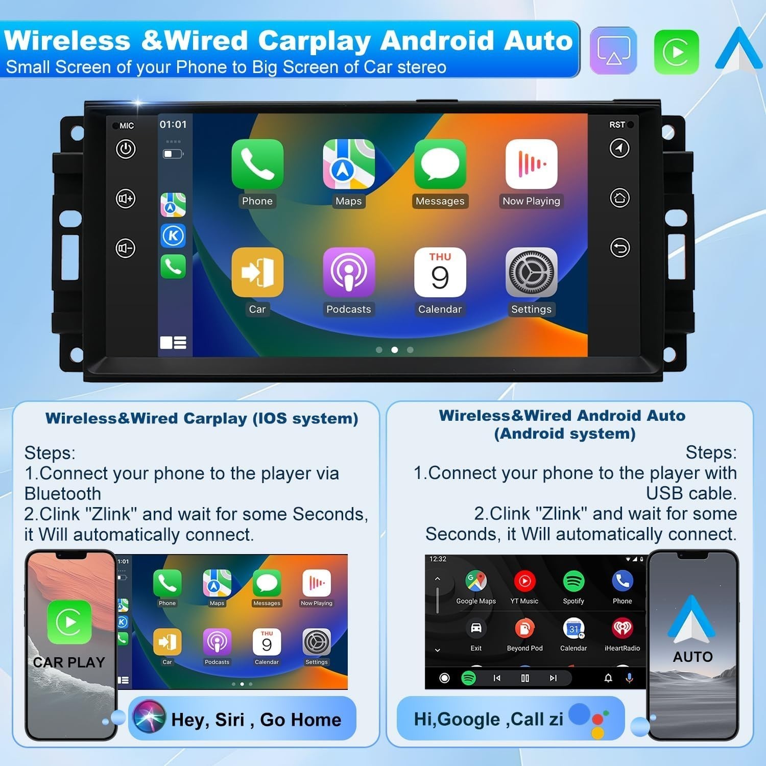 7″ Android Screen Carplay Car GPS Stereo Radio For Jeep Wrangler Dodge Chrysler