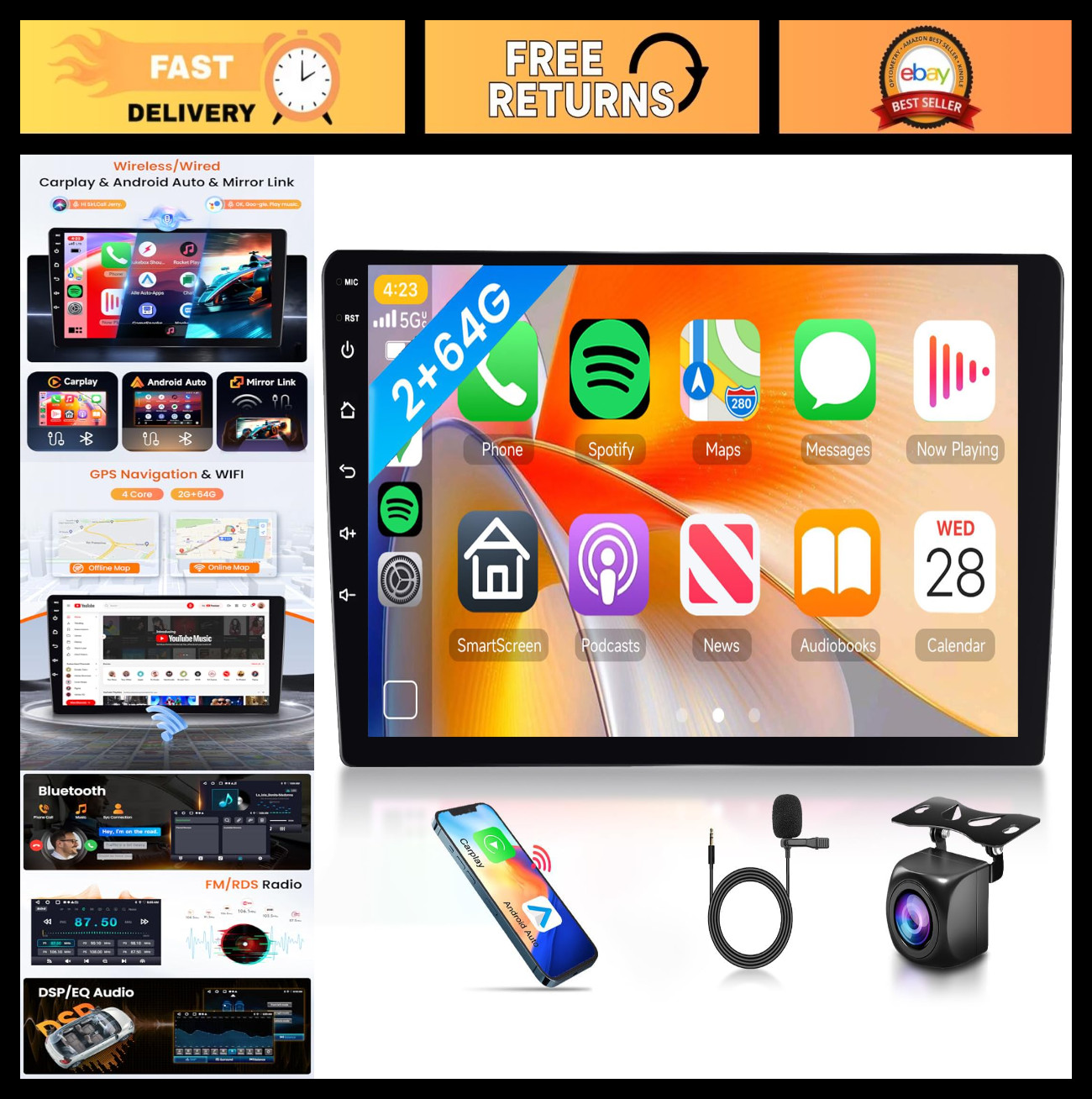 9″ Double Din Car Stereo, 2G+64G Android Auto & Wireless Carplay, GPS, Bluetooth