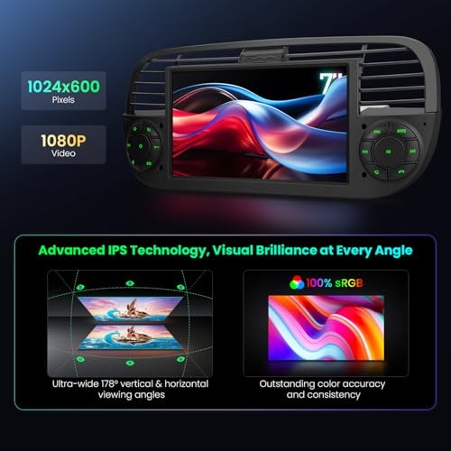 Android 14 Car Stereo for Fiat 500 (2007-2015), 7 Inch Touch 2+64GB New Black