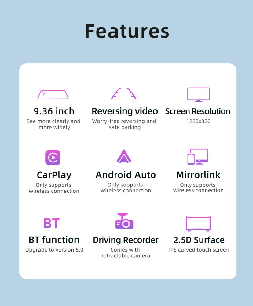 Apple CarPlay Car Rearview Mirror DVR Driving Recorder 9.36in AUX/BT/FM/TF Cam