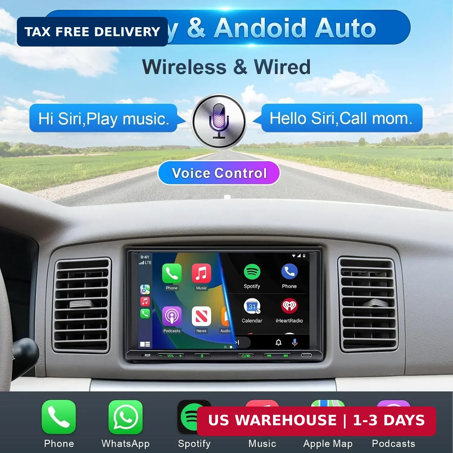 Double Din Car Stereo Wireless Apple CarPlay Android Auto, 7in Double Din Radio