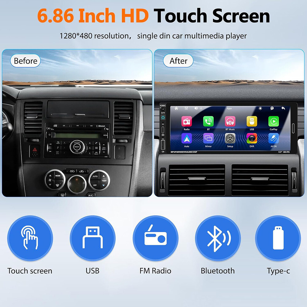 Single Din Car Stereo Wireless Apple CarPlay 6.9 Touchscreen Bluetooth Radio USB
