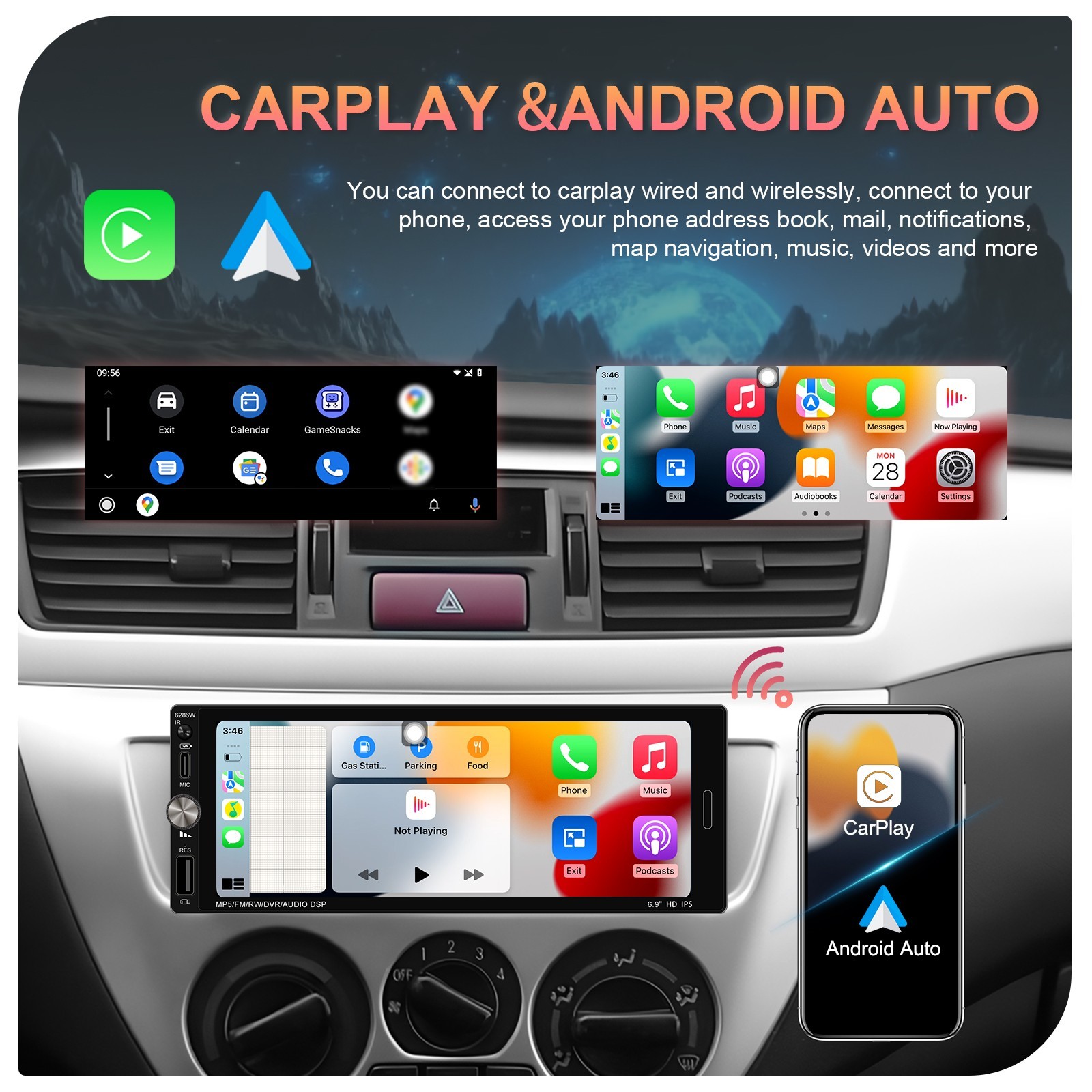 Single 1 Din Car Stereo Wireless CarPlay 6.8″ Touchscreen Bluetooth Radio FM USB