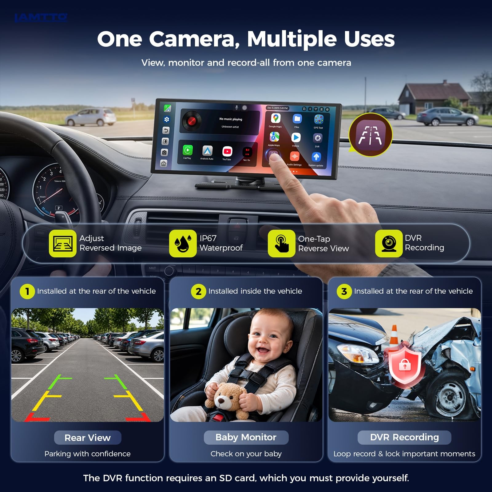 11″ Wireless CarPlay Android Auto GPS Car Stereo Screen 1080P DVR
