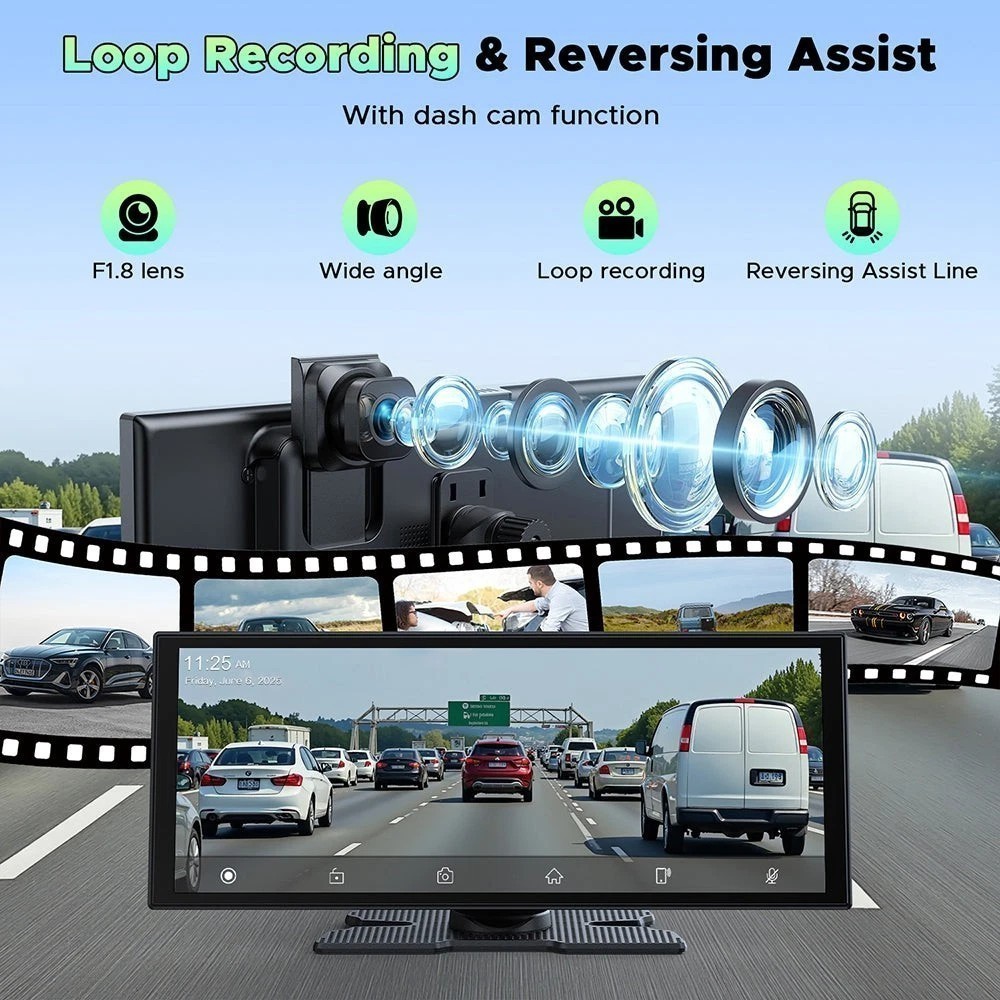 11.26″ Car Stereo 2.5K 1080P Dash Cam Wireless Apple CarPlay Android Auto + 64GB