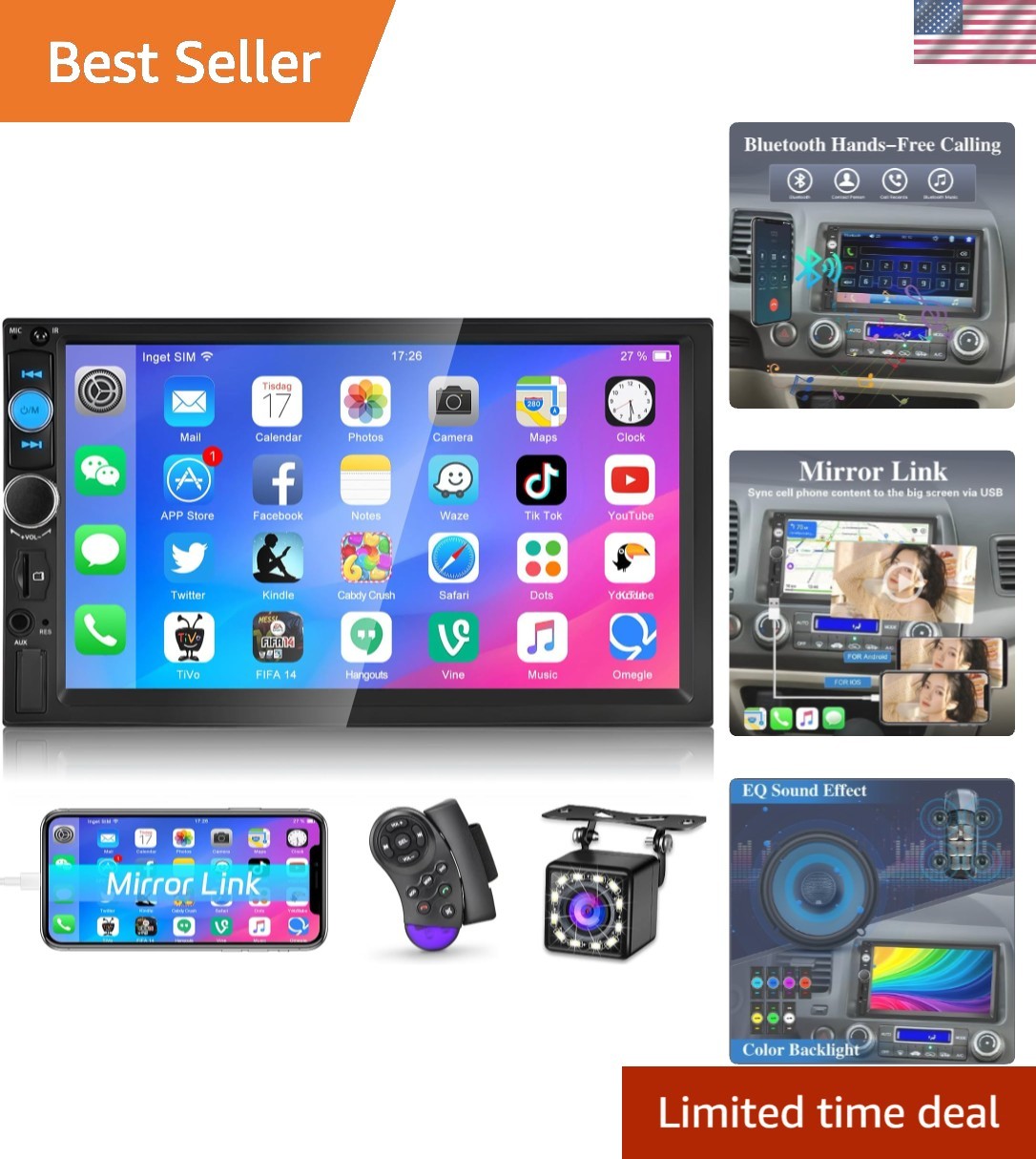 Double Din Bluetooth Car Stereo – 7 Inch Touch Screen Car Radio with Mirror L…