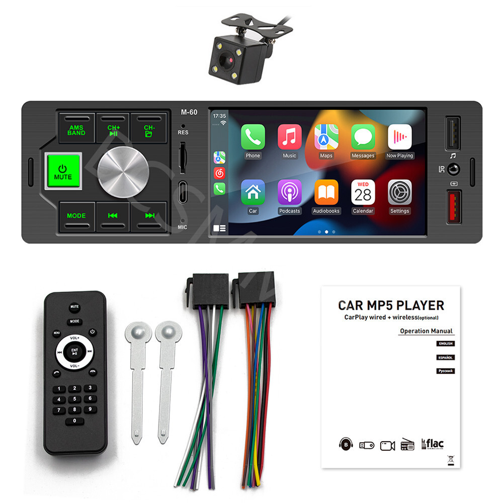 For Apple Carplay Car Radio Player 1 DIN Touch Screen Bluetooth Mirrorlink W/Cam