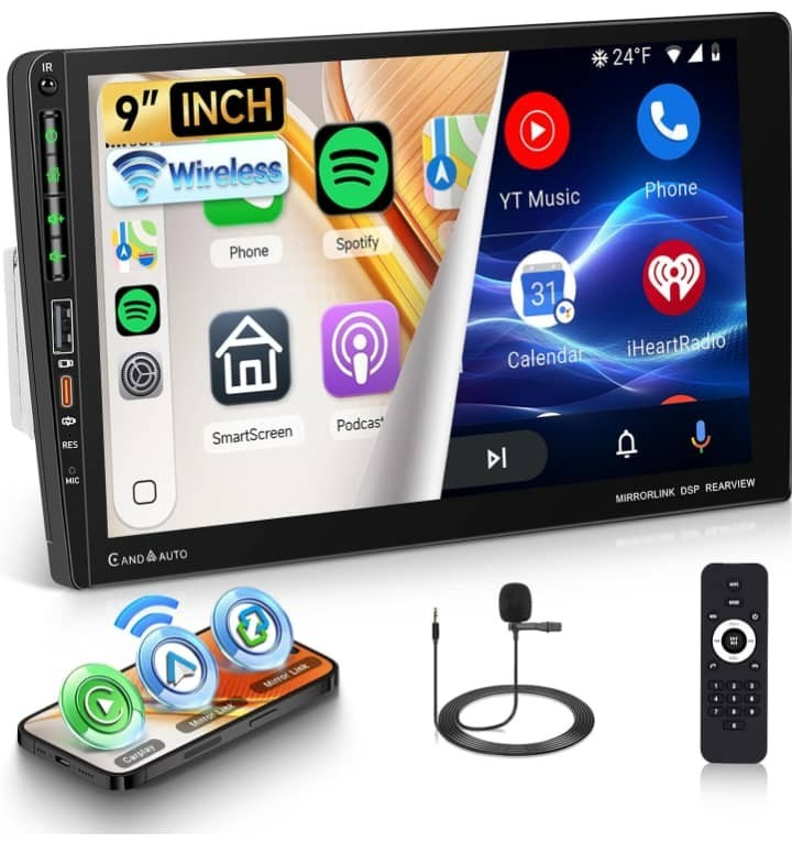 9 Inch Single Din Car Stereo with Wireless Carplay Android Auto，1 DIN Touchscree