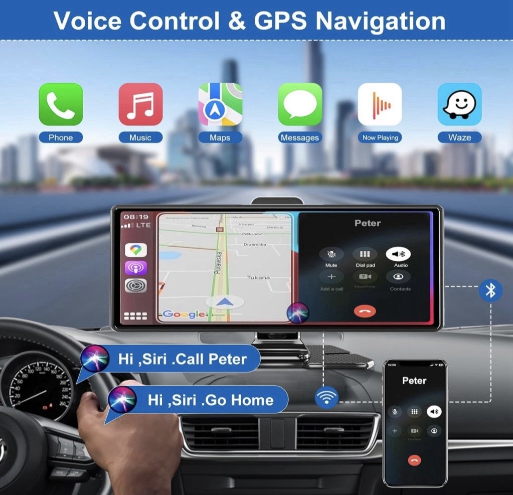 CarPlay & Android Auto, 10HD Inch 4K/1080P, GPS, FM, Voice
