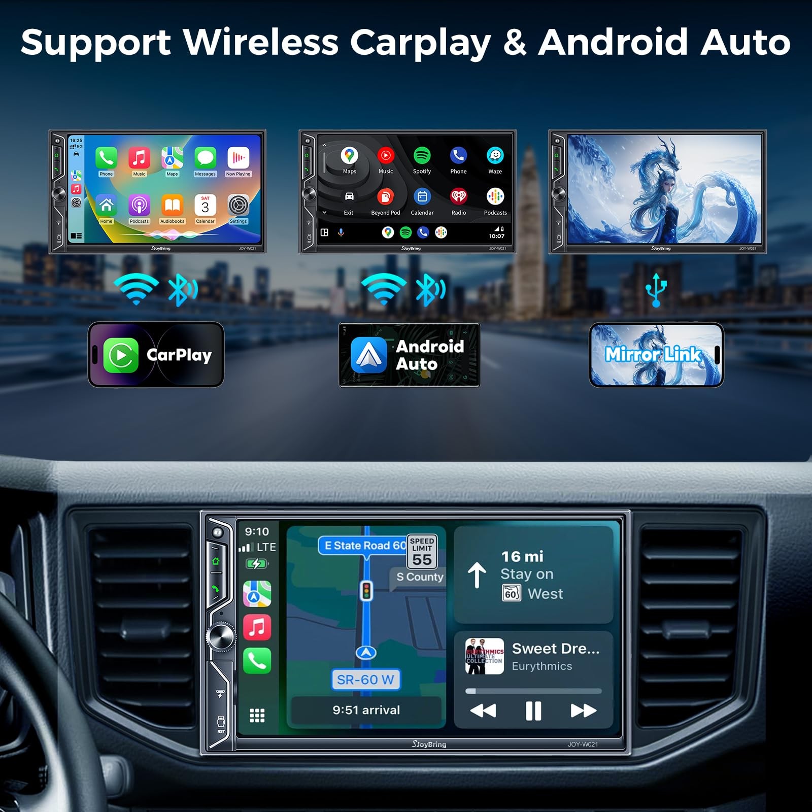 SJoyBring 7″ QLED Double Din Car Stereo Compatible with Wireless Apple CarPla…