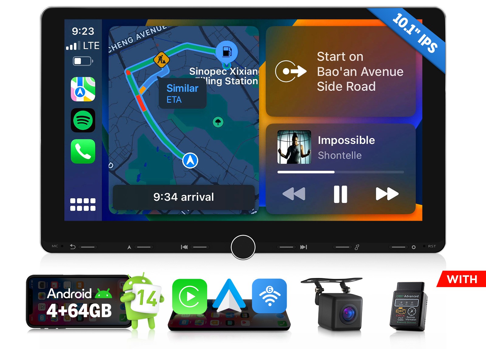 2 DIN 10.1″ Android 14 4+64 CarPlay Head Unit Stereo GPS In Dash Car Radio Audio