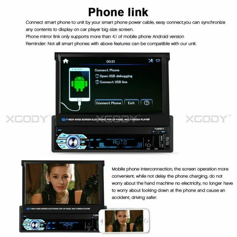 7”1 Din Car Radio SD Head Unit Touch Screen Stereo Flip Out Screen Bluetooth FM