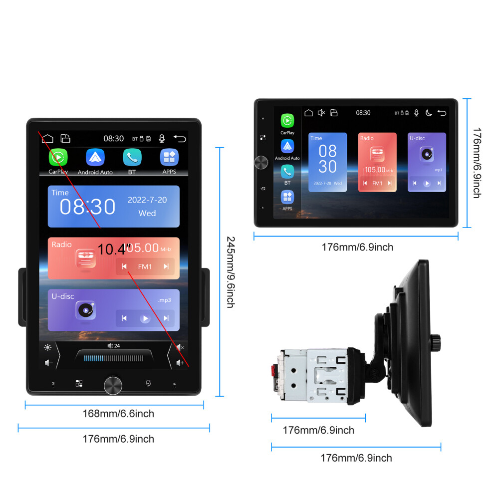 Single 1 DIN Carplay Rotatable 10.4″ Touch Screen Car Stereo Radio GPS WIFI BT