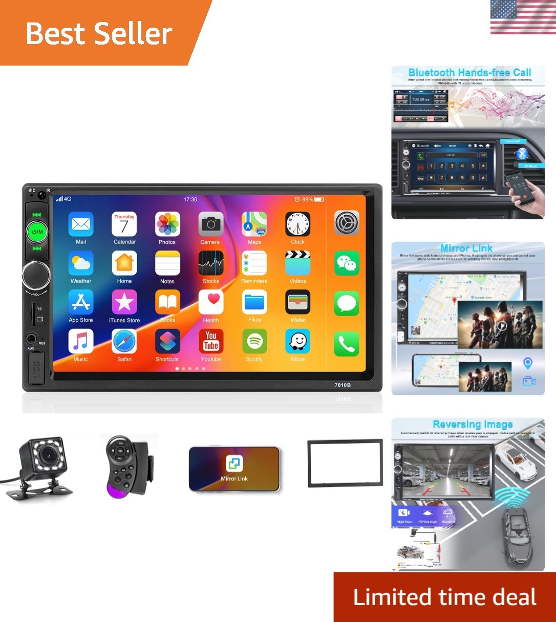 7-Inch Double Din Car Stereo with Bluetooth & Backup Camera – Touchscreen Radio
