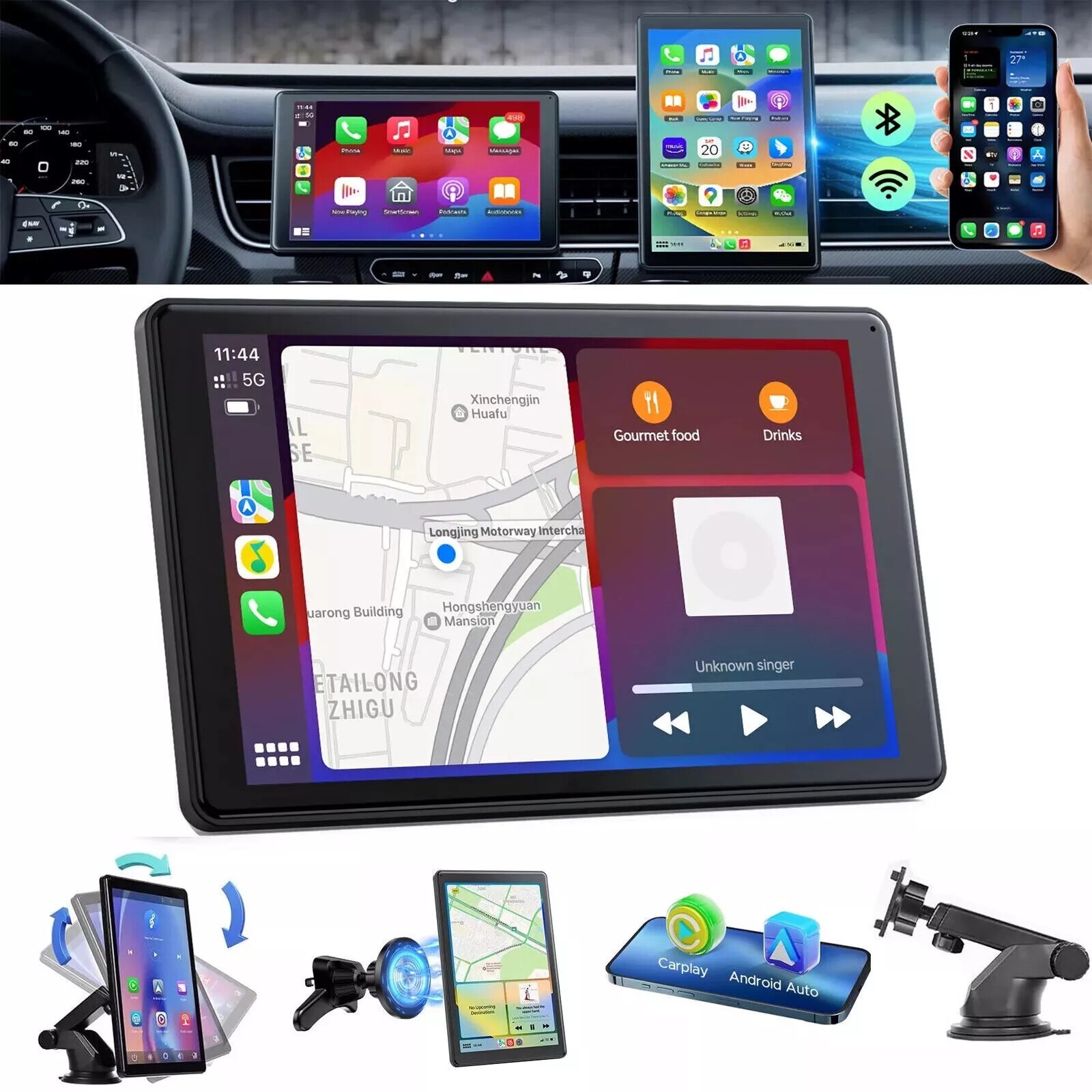 New 7″ Touch Screen BT Wireless Apple Carplay Android Auto Portable Car Stereo