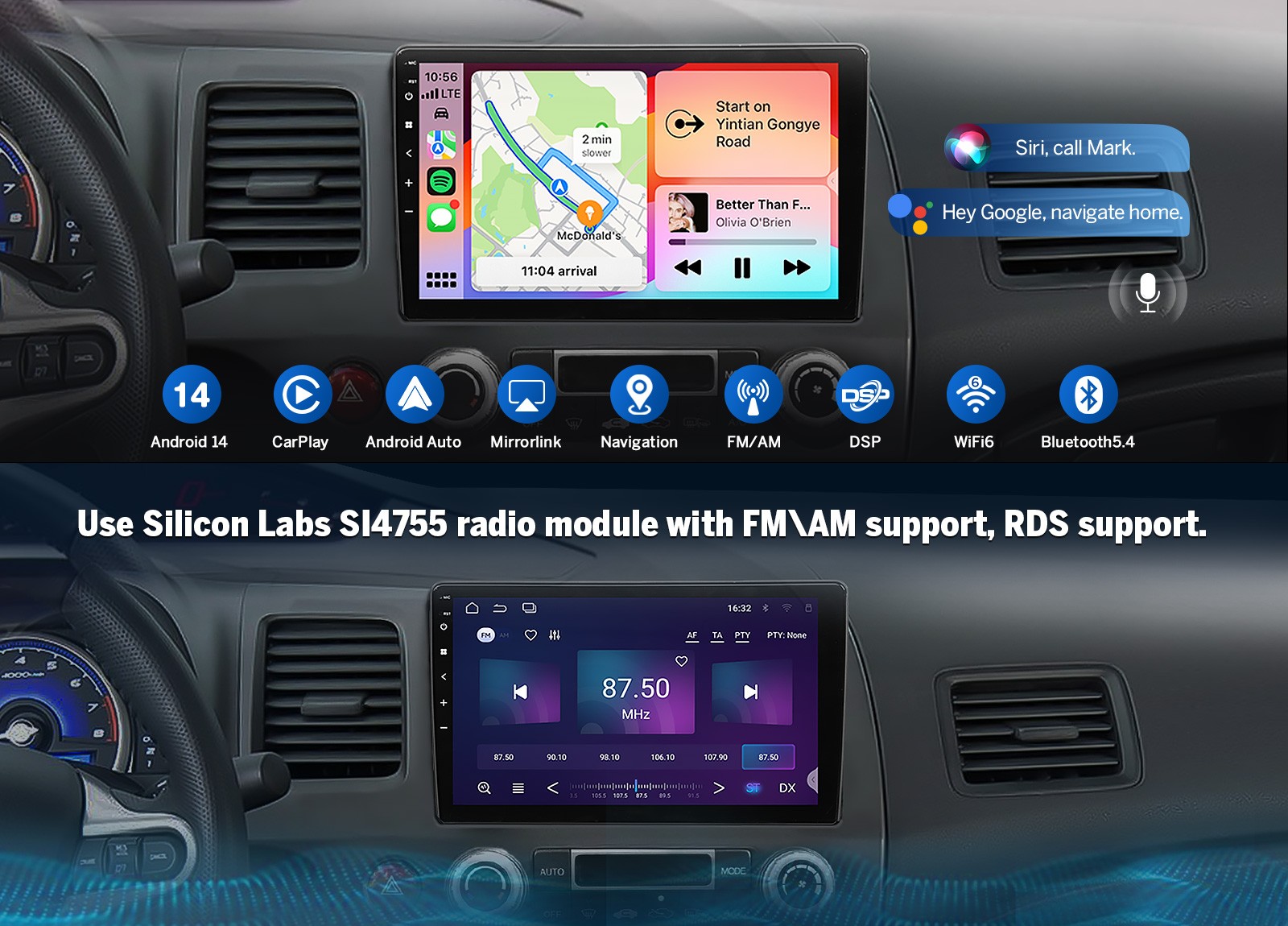 Eonon HCIV1X7A Android Auto 10.1″ Car Stereo for Civic 8th Gen CarPlay Head Unit