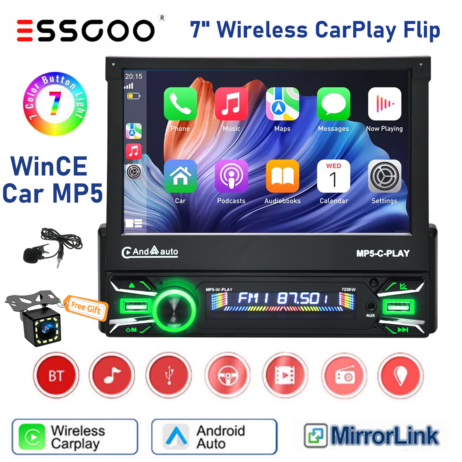 7″ Single 1 DIN Car Stereo Radio GPS Bluetooth FM Radio Retractable Screen +Cam
