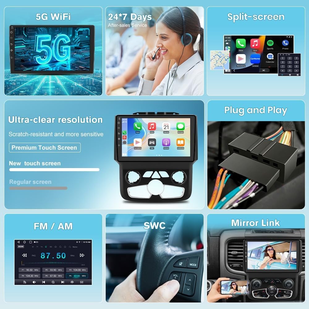 Junsun 5G WiFi Car Radio for Dodge Ram 2013-2019, 9″ Touchscreen, CarPlay