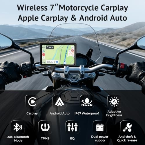 W722TPMS 7″ Wireless Motorcycle CarPlay & Android Auto with TPMS,IP67 7 Inch
